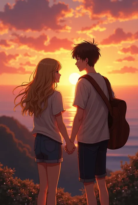 a 20 year old brother with straight brown hair who has a guitar on his shoulders and a teenage sister with long wavy blonde hair, who are talking to each other and watching the sunset from behind