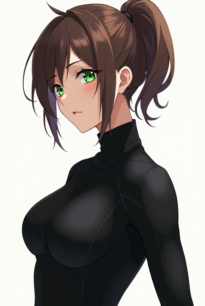 anime character of a woman with a black wetsuit longsleeve, short ponytail brown hair, neck length, green eyes, a digital painting inspired by Tomer Hanuka, trending on pixiv, serial art, heavy gesture style closeup, full body details, style anime, anime s...