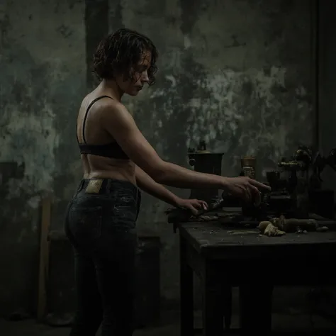 Cinematic photography, 25-year-old woman working in a workshop, back view, dark dirty jeans, black bra, athletic body with large thighs and  round buttocks, white cutis, sweaty body, short curly hair, handling a lathe, poorly lit interior, dirty walls, Can...