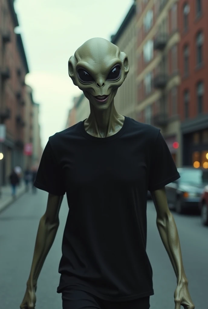 Alien smiles walking headlong down the street, wearing a black t-shirt , limelight,  cinematic image 