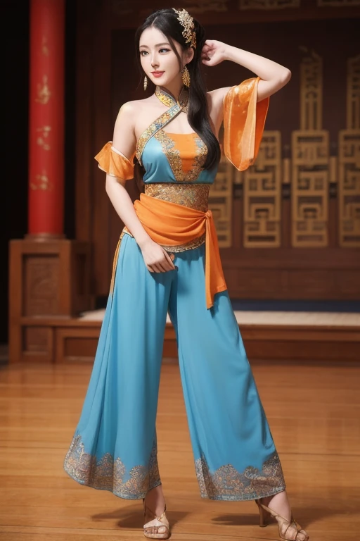 The woman is wearing an ancient dance costume, including an orange full-length halter top blouse, and light blue chiffon trousers on the bottom. She is an oriental beauty with a very Chinese style. The costume is very Song Dynasty style. She has her back t...