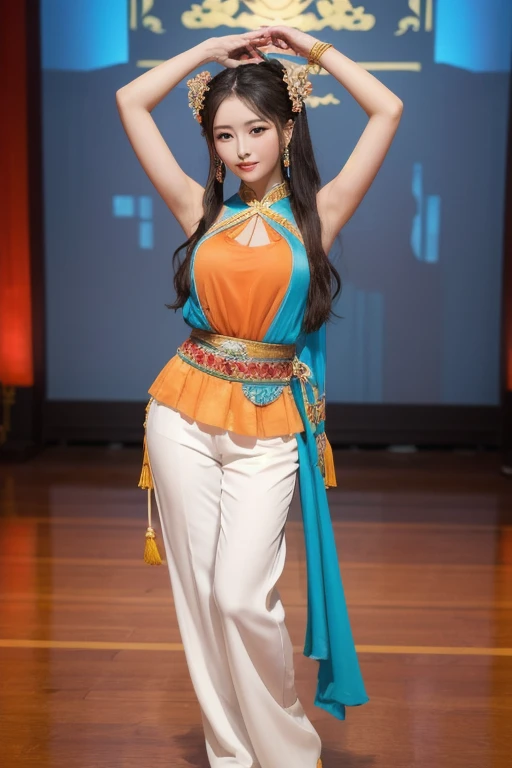 The woman is wearing an ancient dance costume, including an orange full-length halter top blouse, and light blue chiffon trousers on the bottom. She is an oriental beauty with a very Chinese style. The costume is very Song Dynasty style. She has her back t...