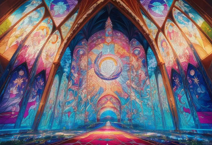 Big unicorn and mysterious cathedral in a field 、stained glass , painting with flowers and a stream flowing , scenic colorful environment, colorful hd picure, Magical World. colorful , BEAUTIFUL 4K ART , complex rainbow environment , extraordinary colorful...