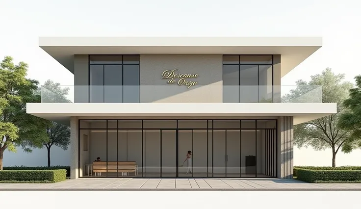 A simple yet modern architectural front elevation of a two-story building named Descanso de Ouro. The facade is designed for a small urban and resembles a public waiting or boarding area, not a house or office. It includes large windows for visibility, a p...