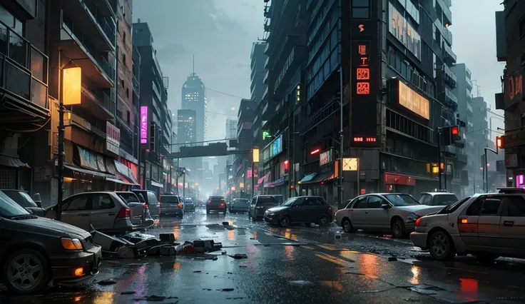 Post-apocalyptic city at night in the dark, from the future,  with buildings full of garbage , chaos and destruction , It is raining,  streetlights fallen to the ground ,  a car destroyed in half,  junkie people on the floor , Cyberpuynk style 2077 