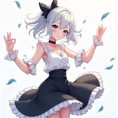 anime. best quality, ultra high res,1girl, ultra , sleeveless white button frill sleeves shirt  black skirt,with white frill. black choker, cute, (aegyo sal:1), (white long hair with black ribbon (light blue eyes)), looking at viewer, full body, facing fro...