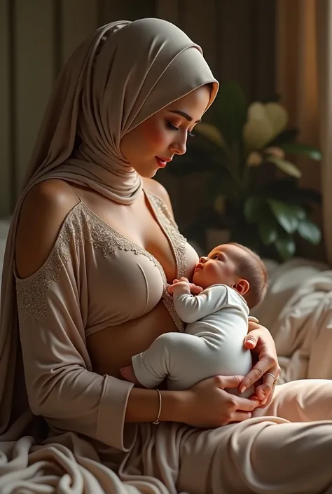 a hijab woman is pregnant, wearing sexy clothes and breastfeeding her son