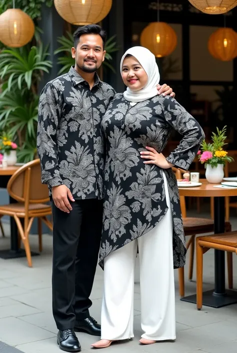 This photo shows a (man and woman) wearing matching batik outfits with a (black) base color and (white floral) patterns. The man is wearing a long-sleeved batik shirt paired with (black trousers) and (black shoes). The woman (plump chubby) is wearing a lon...