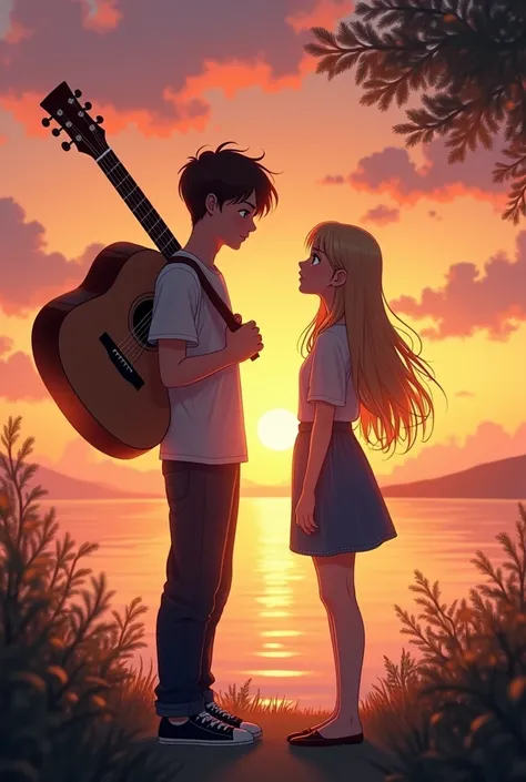 a 20 year old brother with straight brown hair who has a guitar on his shoulders and a teenage sister with long wavy blonde hair, who are talking to each other and watching the sunset from behind. 