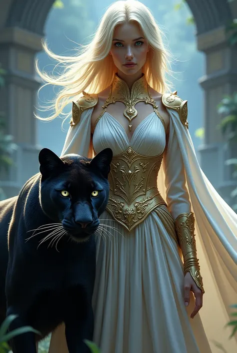 (best quality:1.4), (extreme res:1.4), (full body shot:1.4), human female wizard, with medium blonde hair, perfect face and eyes, [blue pupils], magic (gloves:1.4), (with black panther familiar:1.2), (wearing gold and silver), photorealistic