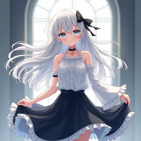 anime. best quality, ultra high res,1girl, ultra , sleeveless white button frill sleeves shirt  black skirt,with white frill. black choker, cute, (aegyo sal:1), (long white hair with black ribbon (light blue eyes)), looking at viewer, full body, facing fro...