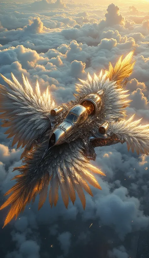 A fusion of an eagle and an airplane, depicted as an awe-inspiring hybrid. The airplane’s wings are feathered, with a gradient of white to golden brown, resembling the eagle’s plumage. The cockpit forms the head of the eagle, with fierce golden eyes and a ...