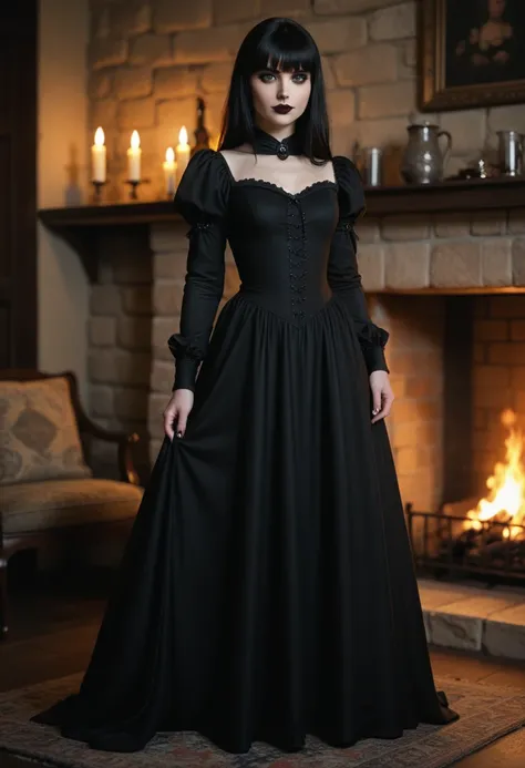 score_9, score_8_up, score_7_up, Western Comics, Full Body Shot, girl, gothic, cute, seductive, innocent, light smile:0.3, plump lips, slender body, pale skin, long straight black hair, bangs, black goth dress, medieval theme, fire in the fireplace backgro...