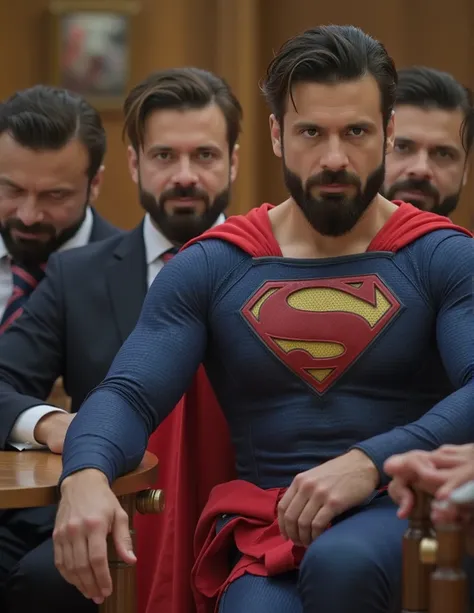  Justice League looking grim sitting at a round table. Superman is their leader plotting something. And the heroes with evil faces and black clothes.
A buff handsome man in a superman costume (think movie version of Superman-black undercut, blue tights and...