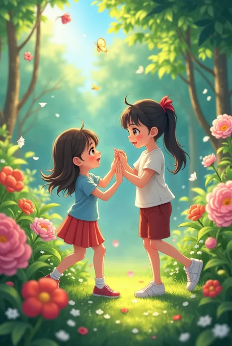 A girl playing with ren in a garden full. Of flowers