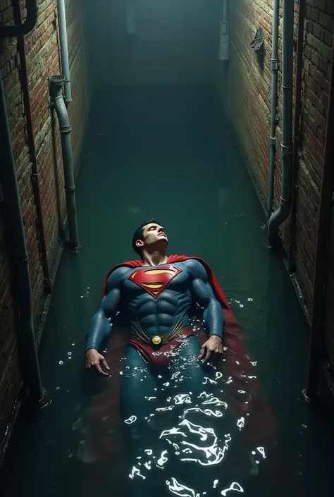 Make an image of Superman fallen into the waters of a deep sewer