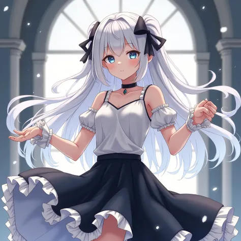 anime. best quality, ultra high res,1girl, ultra , sleeveless white button frill sleeves shirt  black skirt,with white frill. black choker, cute, (aegyo sal:1), (long white hair with black ribbon (light blue eyes)), looking at viewer, full body, facing fro...