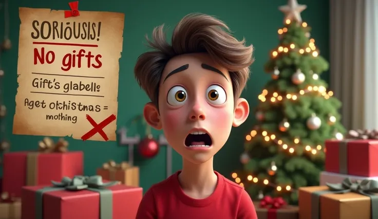  A Christmas-themed YouTube style thumbnail ,  fun and eye-catching .  I want :

1.  A young person with an expression of surprise and frustration, as si estuviera diciendo “¿En serio mamá?  Without gifts ?”.  The expression must be exaggerated and funny ....