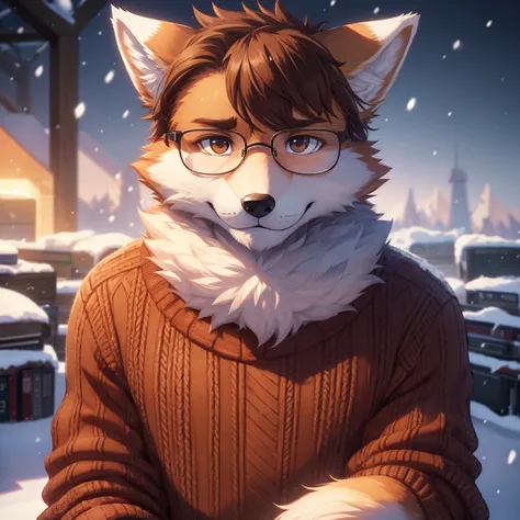 male fox, brown fur, rimless glasses, knitted sweater, serious, snow on fur, shadowed background, vhs effect, high quality, 4k