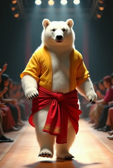 white bear in red dhoti and yellow shirt cloths, walking like human in the fashion show