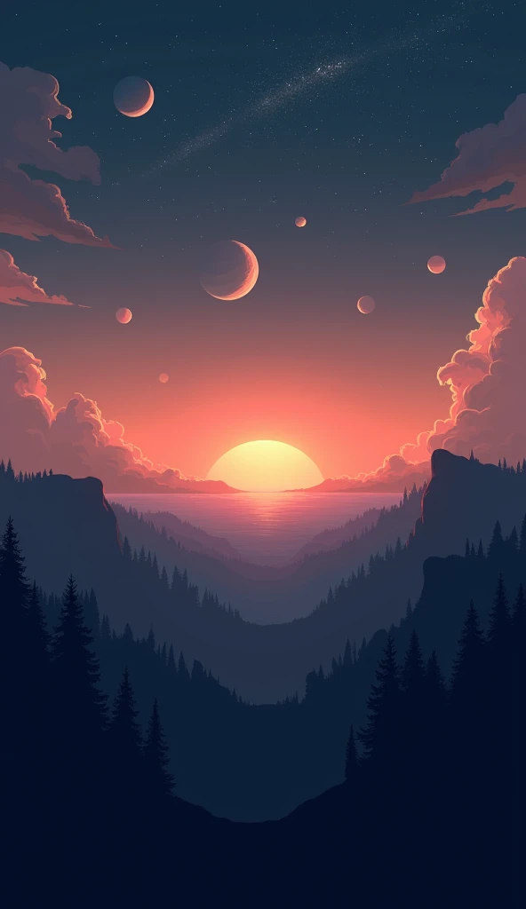 
Scene 3 (9-12 seconds)

Visual: A sunset horizon transitioning into twilight, with the planets prominently visible above the skyline.
Effect: Add silhouettes of trees or mountains for drama.
