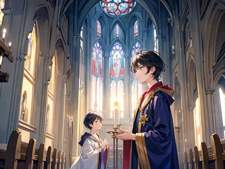 Prince, Wizard, Robe, Navy Hair, Short Hair, Clear skies, Beautiful light,  face up, church, candle