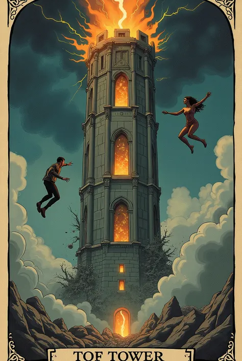 Masterpiece of color, realism, rough tarot aesthetic, vintage line art tarot aesthetic. A luxurious tower is struck at its summit by lightning. The tower is collapsing from its top, there is fire coming out of three windows. Two people, a man and a woman, ...