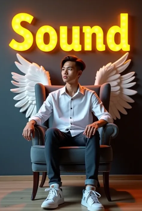 Create a 3D illusion for a profile picture where a 25 Year old cute Boy in a white shirt Sitting casually on a Wingback chair. Wearing sneakers, he looks ahead. The background features "Sound By Shanto" in big and capital Yellow neon light fonts on the dar...