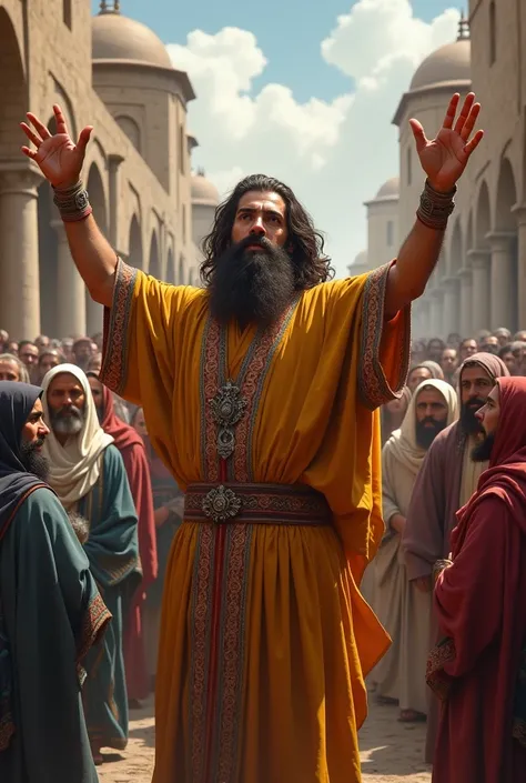 Make an image of a Jewish man prophet looking young with a beard and long hair priestly robes, him preaching to the people and the people ignoring him 