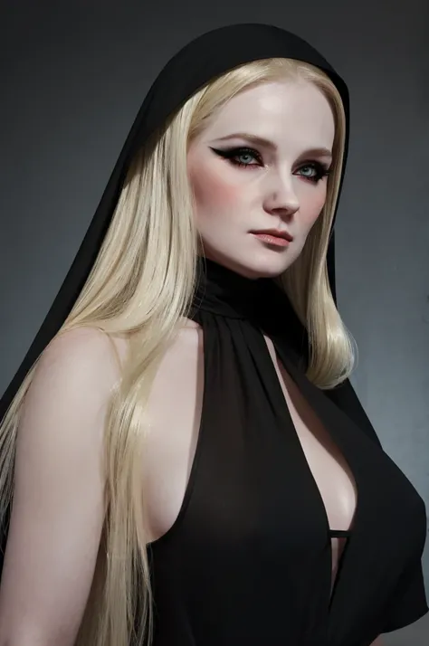 a woman pretty, blonde, slicked back ,black dress , veil , black nun veil , blonde hair , big breast,, pale skin , eyeliner ,foxy eyeliner ,James Whistlers Nocturne simple background