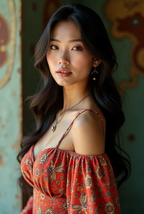 make me a portrait, a photo of a beautiful Asian woman, from Indonesia, with a beautiful, charming face, and a sexy body, wearing a sexy batik dress