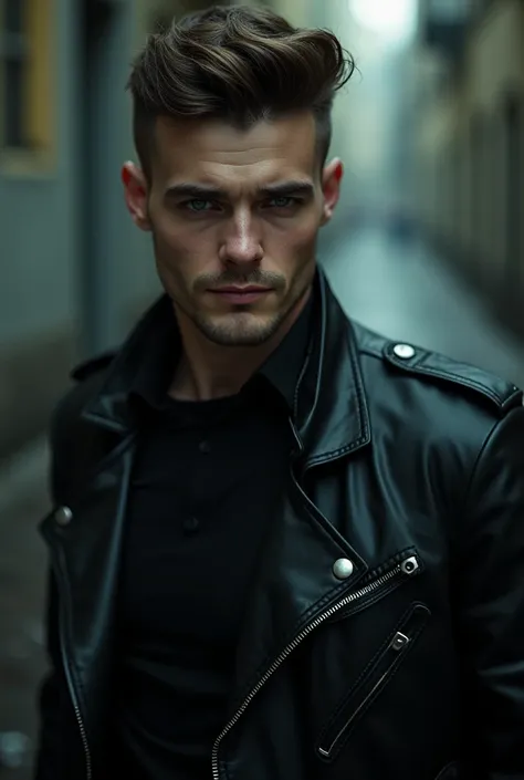 Man,High Resolution,Light Brown Hair,undercut hair style,Grin, Devil Eyes, From Behind, grey eyes,black motorbike jacket,black pants,standing back,sharp face,white skin.