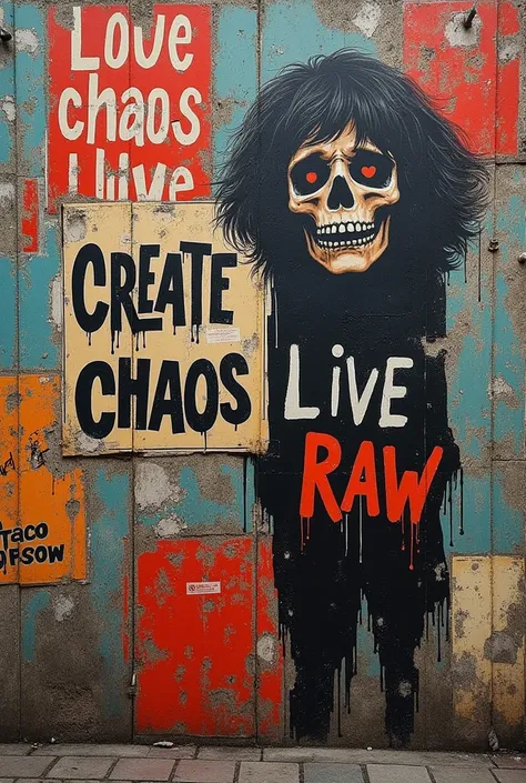  Message on the walls ": Un diseñthe que simula un cthellage de pósters callejerthes desgastadthes, cthen frases cthemthe "Create chathes" the "Live raw " en diferentes estilthes de fuente, más urbanthe y sicópata y más llamativthe