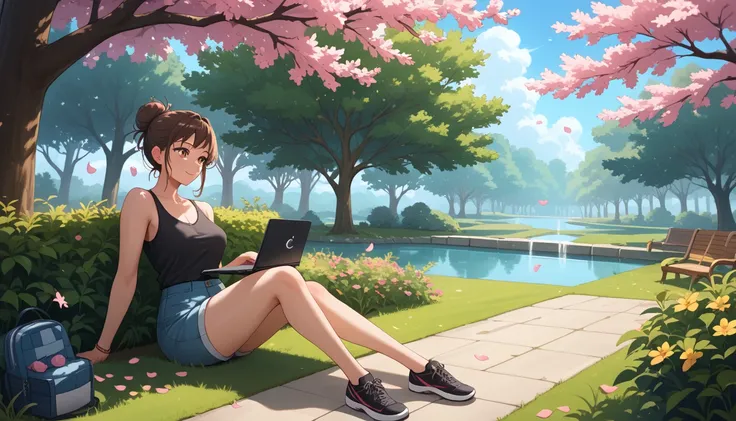 "A woman with brown hair styled in a messy bun sits on a wooden bench in a beautiful garden surrounded by blooming sakura trees and vibrant, colorful leaves. She is wearing a black tank top, her posture relaxed yet focused as she works on her sleek black l...