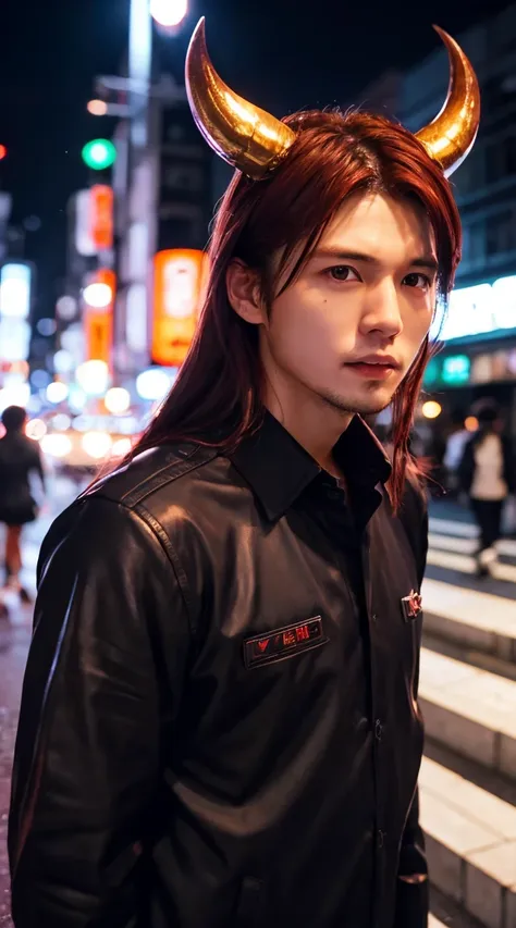  Realistic Red-Haired Man ,  Slightly long hair ， cute and handsome faces of realistic Japanese people,  Realistic Inappropriate Expression , Red Demon Horns ，tooth， thick black plug suit ，Lean and muscular body type，Realistic Light, Realistic shadows, rea...