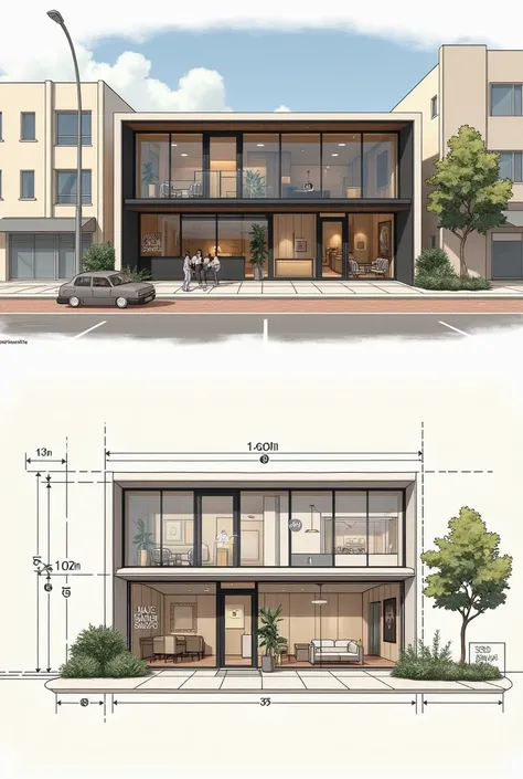 create a drafting of front and side views of a salon with only 1 floor 