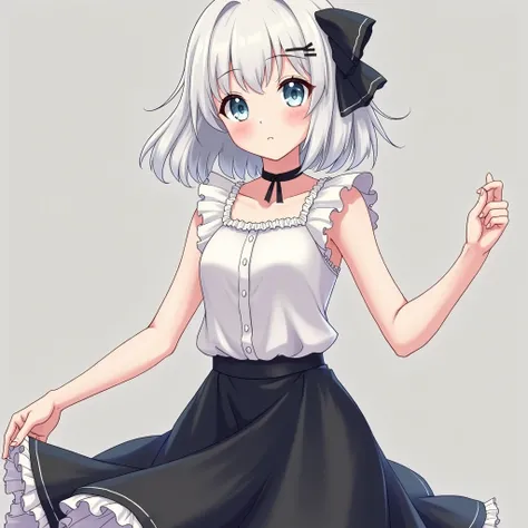 anime. best quality, ultra high res,1girl, ultra , sleeveless white button frill sleeves shirt  black skirt,with white frill. black choker, cute, (aegyo sal:1), (bob white hair with black ribbon (light blue eyes)), looking at viewer, full body, facing fron...