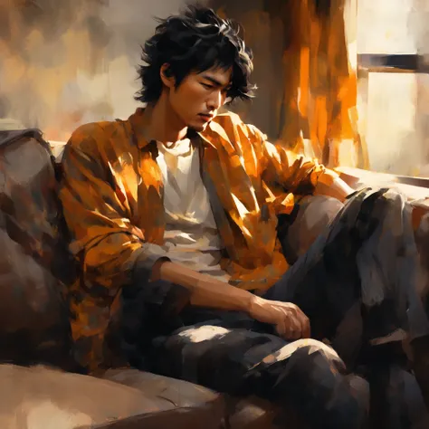 An atmospheric digital painting of an asian man with messy black hair sitting relaxed on a worn-out couch in a dimly lit room. The warm, golden light softly illuminates the scene, highlighting the folds of his loose, oversized shirt. His face is partially ...