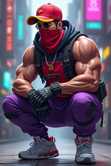  Male gamer character  ,  red cap with yellow details , red mask ,   red and gray chest ,  purple pants with details and white sneakers 