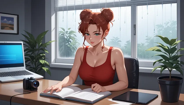 "A cozy and cinematic bedroom with a dark, rainy atmosphere featuring A woman big bobs with short wavy auburn hair tied in a loose bun, wearing a lush red tank top and fit jeans, The woman is focused on typing on a laptop placed on the desk. The room is il...