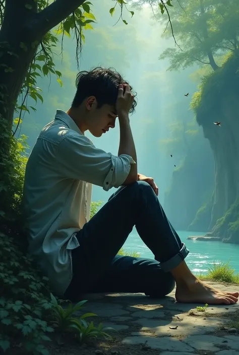 a sad person sitting with his hand on his head ,  he is sitting on the floor in a very beautiful place