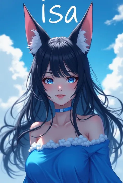  Female character with long black hair and fox ears white eyes and blue top without turtleneck with a blue cloud written on the background " isa ff " On top of the character in white  