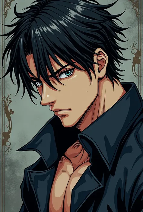 Sexy black-haired male manga with dark grey eyes with 1 small mole under the eye, strong, tangled lines not very ruffled 