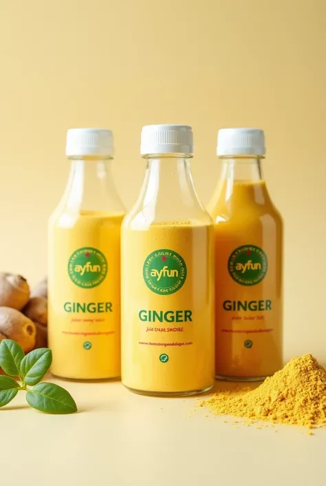 A picture of ginger powder in 3 plastic bottles with a label. In the label write "ayfunfoodsandspices" 100% organic. The label should have green and white colour 