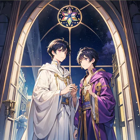 Prince, Wizard, Robe, Navy Hair, Short Hair, royal palace,  stained glass, Beautiful light,  colorful 
