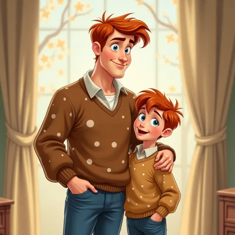 man, 36 years old, fair skin, blue eyes, red hair, dressed with blue jeans and brown sweater with white points, and his little son, portrait, disney animation style