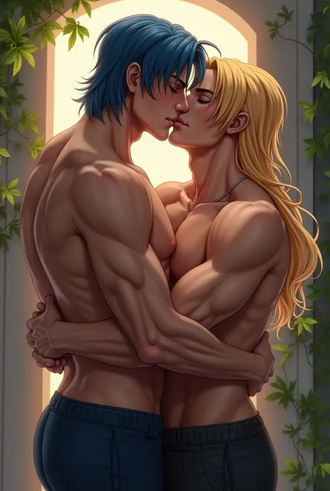  I want two guys in clothes kissing .  One thats tall and muscular ,  with shoulder-length blue hair .  Another one who has long hair and is blonde. It would be a gay kiss 