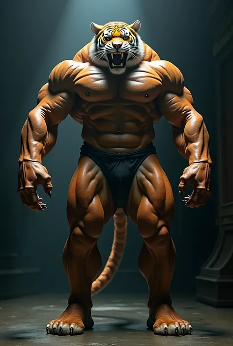  A full body photo of a tiger,muscular and humanoid bottom view 