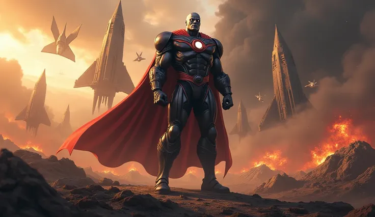 DC Universe Darkseid Villain ready for war  with his big army in background with multiple spaceship. Fire and ash everywhere