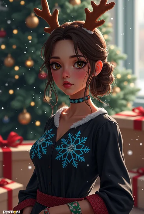  Female character with game style Free Fire , With brown reindeer Christmas hair,  Christmas makeup  , black shirt with blue snowflake details ,Christmas cuffs,  dark skin color ,  against the background of a Christmas tree with gifts and falling snowflake...